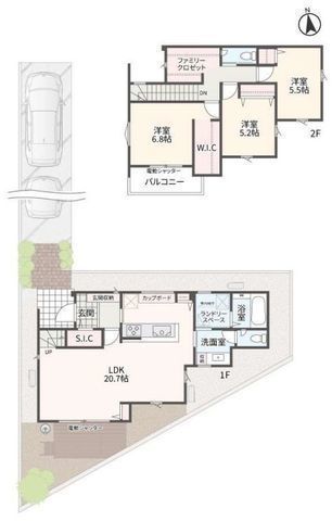 間取図/区画図:【安心で家計に優しい長期優良住宅認定!】〇全区画45坪以上!〇駐車スペース2台可能!〇電動シャッター付!〇収納スペース充実!