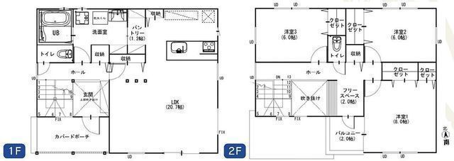 間取図/区画図:【人気の辻堂駅徒歩14分!土地ゆったり44.5坪!】駐車場3台可能!LDK20帖、主寝室8帖、全室二面採光!吹抜けで解放感ある間取です!