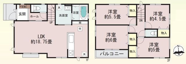 間取図/区画図:【安心の耐震構造住宅、性能評価書付!全室二面採光で解放感ある間取!】南向きバルコニーで陽当たり良好!小学校まで徒歩6分!完成済で即内覧できます!