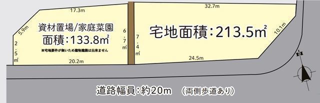 間取図/区画図:【土地面積105坪!南道路幅員20mで陽当り大変良好です!】建築条件無しですのでお好きなハウスメーカーで建築できます!