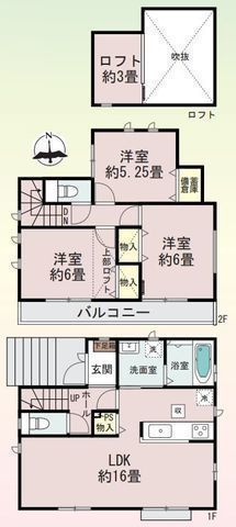 間取図/区画図:【安心の耐震構造住宅、性能評価書付!駐車場2台可能です!】全室二面採光、ロフト付、全室収納でお部屋スッキリ!建物完成済ですので即内覧・入居できます!