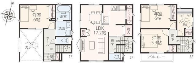 間取図/区画図:【南林間駅まで徒歩14分で通勤通学に便利!地震に強い2×4工法!】2階リビングで周囲を気にせずゆっくりできます!雨が降っても安心のビルトインガレージ!