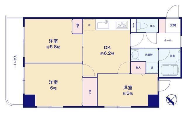間取図/区画図:【南林間駅徒歩2分!猫・小型犬2匹まで飼育可能なマンションです!】角部屋につき解放感ある間取!近隣施設充実で生活便利な立地!即内覧・入居できます!