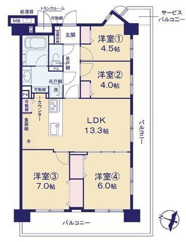 間取図/区画図:【南西向き角住戸+L字型バルコニーにつき陽当たり通風良好!】ペット2匹まで飼育可!リフォーム済のためすぐに内覧できます!食洗機や浴室乾燥など標準設備充実!
