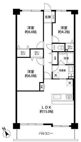 間取図/区画図:【駅徒歩7分の好立地!リフォーム済で室内大変綺麗です!即内覧可能!】3階南東向きで陽当り通風良好!リビングゆったり15帖!