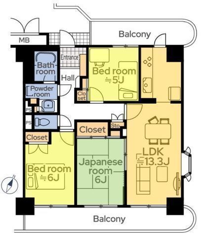 間取図/区画図:【南東角部屋で陽当り・通風良好!ダブルバルコニーで全居室に接しています!】小学校は目の前!教育施設や公園が近く買い物にも便利な子育て世代にやさしい環境です!