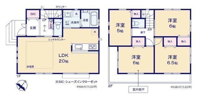 間取図/区画図:【ひな壇のため陽当たり良好!角地につき解放感ある立地です!】LDK20帖、床暖房付き!SICや全室収納で収納豊富な間取です!