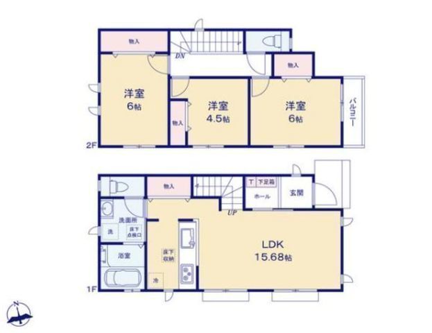 間取図/区画図:【地震に強い耐震構造!駅まで徒歩圏内で通勤通学に便利】キッチンから洗面室に出入りできる家事動線を考えたプラン主寝室は南バルコニーに面し光あふれる空間