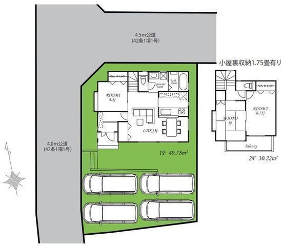 間取図/区画図:【土地45坪、角地で解放感ある立地!南側駐車場4台で陽当り良好です!】太陽光発電システム付きオール電化住宅!内装リノベーション済で室内大変綺麗です!