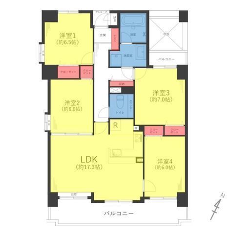 間取図/区画図:【北西と南東の二面バルコニーのため陽当たり・通風良好!全居室収納あり】角部屋のため窓あり居室です!食洗機、追い焚き、浴室乾燥設置!