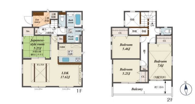 間取図/区画図:【カースペース2台以上可!敷地41坪超!玄関吹抜で空間が広く明るく開放的】安心の耐震構造と性能評価書付2部屋から行き来できる利便性のある南向きバルコニー