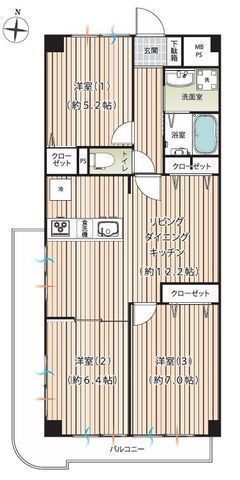 間取図/区画図:【駅より平坦徒歩4分!最上階南向き角部屋で眺望・陽当たり・通風良好!】フルリノベーション完了!即内覧できます!周辺環境充実の暮らしやすい立地です◎
