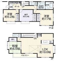 間取図/区画図:LDK19帖、主寝室7.7帖！駐車場2台可能な南向き3SLDK！2020年リフォームで室内綺麗です！藍屋につき即内覧・入居可能！