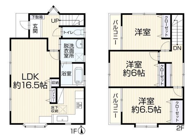 間取図/区画図:【LDK16.5帖、主寝室6.5帖!全室収納・パントリーで収納豊富な間取です!】小学校徒歩1分、スーパーやドラッグストアも徒歩10分で生活便利な立地です!