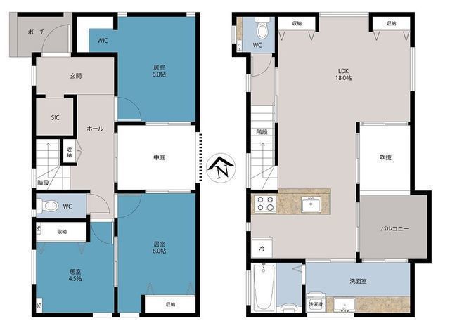 間取図/区画図:【駅徒歩13分の2024年築戸建。建物・室内大変きれいです!】旧伯友開発施工、全室二面採光の中庭と吹抜けがある解放感ある間取!土地37.4坪!