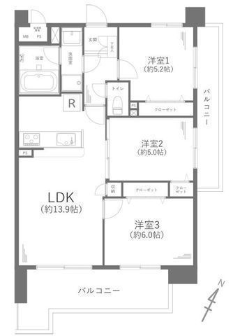 間取図/区画図:【鶴間駅徒歩14分の好立地!角部屋・2面バルコニーの3LDK!】陽当り良好な角部屋。食洗機、追焚機能付き!2025年10月リフォーム完了予定