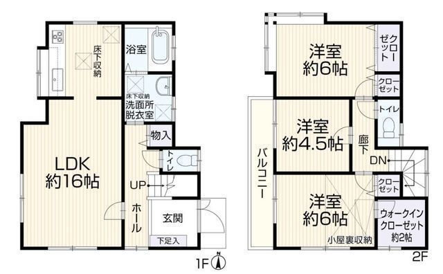 間取図/区画図:【角地につき陽当り良好!WIC・小屋裏収納でお部屋スッキリ!LDK16帖!】内外装リフォームの再生住宅!小学校徒歩5分、中学校徒歩7分!