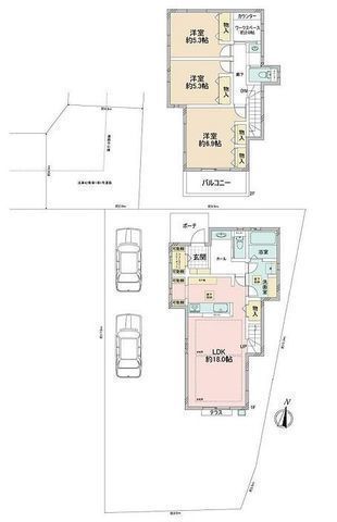 間取図/区画図:【令和5年築、敷地約54坪!駐車場3台可能です!】LDK18帖、床暖房付き!便利なワークスペース付き!広い南庭で陽当り良好です!