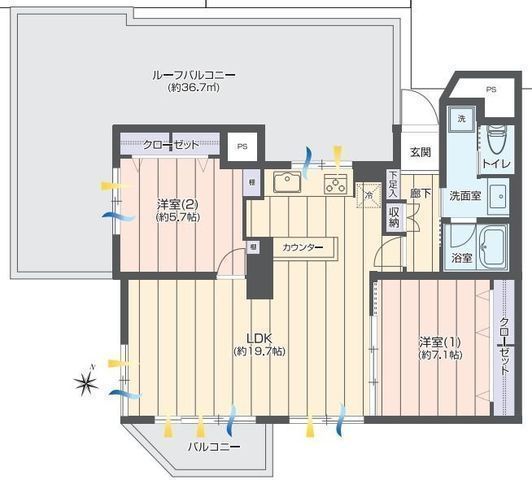 間取図/区画図:【藤沢駅徒歩8分、約37平米のルーフバルコニー付きの南西角住戸!】バルコニーやリビングからは江ノ島を望める陽当たり眺望良好のお部屋です!