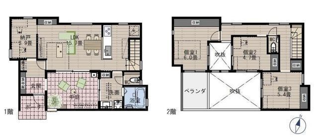 間取図/区画図:【住環境良好な中田南5丁目!中田駅徒歩18分、新築分譲住宅】令和8年1月完成予定カースペース2台駐車可中庭・リビング吹抜などプラスの空間のある家