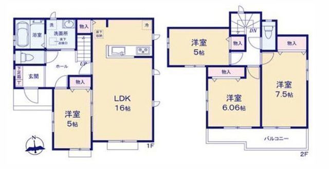 間取図/区画図:【「相武台下」駅徒歩4分！全4棟新築分譲住宅！南側道路で陽当たり良好！】カースペース2台駐車可全居室収納スペースあり二部屋続きの広々バルコニー