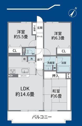間取図/区画図:【所在階7階、南東向きで陽当り良好!総戸数162戸の大規模マンション!】LDK14.6帖、主寝室6.3帖の3LDK!小学校徒歩6分、コンビニ徒歩3分!