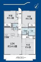 間取図/区画図:【所在階7階、南東向きで陽当り良好！総戸数162戸の大規模マンション！】LDK14.6帖、主寝室6.3帖の3LDK！小学校徒歩6分、コンビニ徒歩3分！