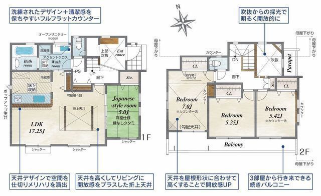 間取図/区画図:【長後駅徒歩14分!敷地広々45坪以上でゆとりある空間】カースペース2台可南向きリビングとお庭で日当たり良好吹抜けからの採光で明るく開放感あります