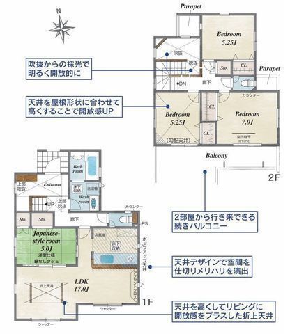 間取図/区画図:【閑静な住宅街全3棟!制震ダンパー・耐震等級3・長期優良住宅で安心の暮らし】カースペース2台可南向きバルコニーと吹抜けで明るく開放感あり