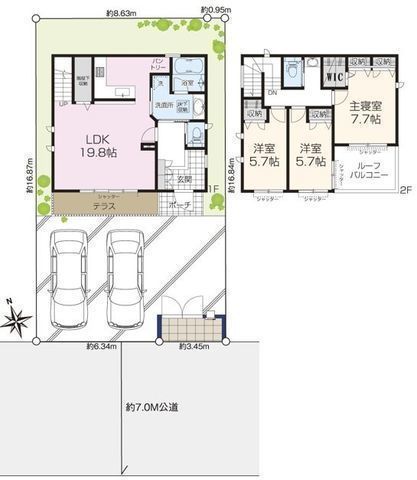 間取図/区画図:【地震に強い軽量鉄骨造!60年保証継続可能!カースペース2台分・屋根付き】二面バルコニーと南西LDKで陽当たり良好IH・食洗機付きオール電化住宅