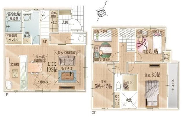 間取図/区画図:【全4棟!公園と緑に囲まれた閑静な住宅街での豊かな暮らし】カースペース並列2台可建物10年瑕疵保証付・地盤20年保証床暖房・食洗機など設備充実