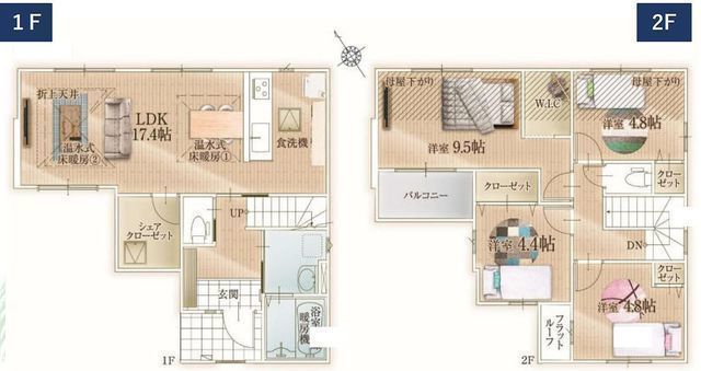 間取図/区画図:【駅徒歩10分の好立地!LDK17.4帖、床暖房付き!駐車場2台可能!】小学校徒歩6分、コンビニ徒歩2分で生活便利な立地!モデルハウスございます!