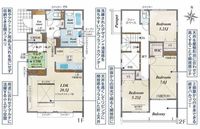 間取図/区画図:【土地164m2超のゆとり。耐震等級3・制震を採用した長期優良住宅】カースペース並列2台可南向きバルコニーと吹抜けで明るい空間全居室収納＋土間収納