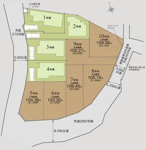 間取図/区画図:【敷地30坪以上!建築条件付き売地全6区画】相鉄本線「さがみ野」駅よりバス9分、「寺尾」停から徒歩5分キレイな区画に理想の家を建ててください!