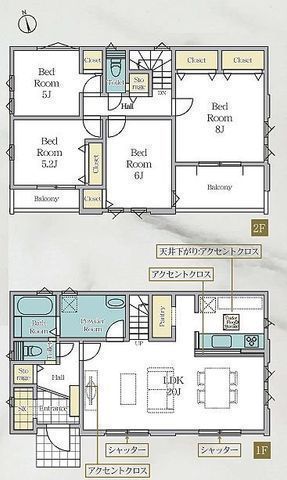 間取図/区画図:【閑静な住宅街の南東角地で陽当り通風良好!駐車場並列2台可能です!】LDK20帖、主寝室8帖!南バルコニーの4LDK!