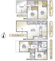 間取図/区画図:【駅徒歩13分！7.5帖のルーフバルコニー！】20帖のLDK、主寝室6帖！ダブルボウル洗面、宅配BOXなど充実の設備！モデルハウスあります！