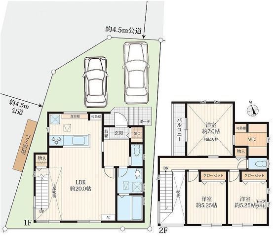 間取図/区画図:【北西角地につき解放感ある立地!駐車場並列2台可能!完成済で即内覧可!】吹抜けや勾配天井で広がりを感じる間取です!大型WIC・SICなど収納充実!