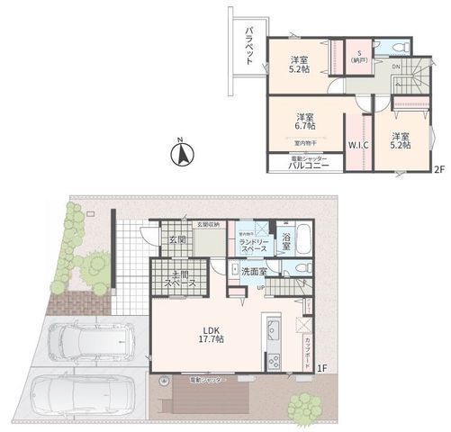 間取図/区画図:【安心で家計に優しい長期優良住宅認定！】〇全区画45坪以上！〇駐車スペース2台可能！〇電動シャッター付！〇収納スペース充実！