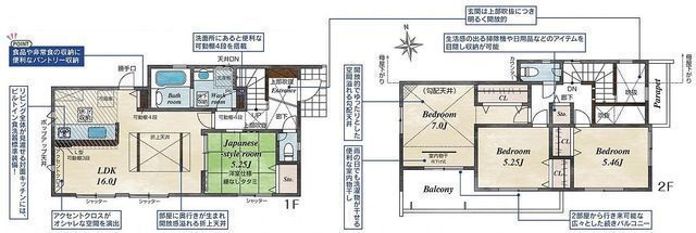 間取図/区画図:【安心の耐震構造住宅、性能評価書付の長期優良住宅!吹抜けで解放感ある4LDK!】全室南向きで陽当り良好、駐車場2台可能!完成済につき即内覧可能です!