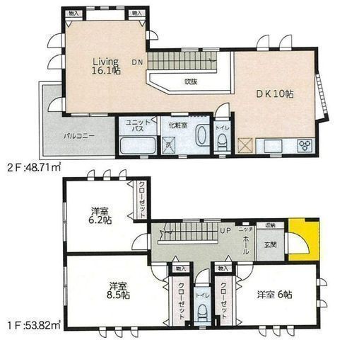 間取図/区画図:【門沢橋駅徒歩1分!駅前の利便性を享受】吹抜のある26帖超LDKで開放感あふれる住まい2階リビングのため周囲の目を気にせずプライバシーを確保