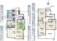 間取図/区画図:【安心の制震・耐震構造、性能評価書付！駐車場並列2台可能です！】駐車場並列2台可能！折上天井で解放感のあるLDK17帖！完成済ですので即内覧可能！