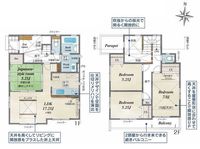 間取図/区画図:【全2棟！海まで徒歩7分！南道路で陽当り良好！駅まで徒歩圏内】カースペース3台可2部屋から行き来できる続きバルコニー玄関吹抜や折上天井で開放的な空間