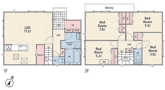 間取図/区画図:【駅まで平坦、徒歩9分!コンビニやイオンまで徒歩7分以内!】駐車場2台可能!SICや大型パントリーなど充実の収納!LDK17帖、主寝室7.8帖!