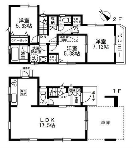 間取図/区画図:【築6年の3LDK！南東バルコニーで陽当り良好！】長後駅までバス10分・停歩2分キッチンに勝手口あり全居室収納に加え床下収納・2階ホール収納あり