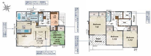 間取図/区画図:【バス停徒歩1分！角地で全室南向きの明るい新築4LDK！】カースペース3台駐車可玄関上部は吹抜けで明るく開放感あり安心の耐震構造＋長期優良住宅