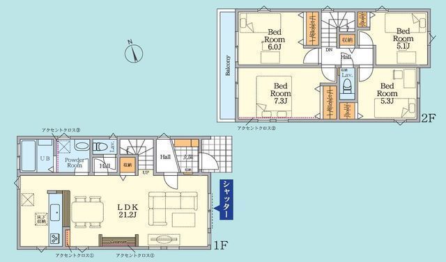 間取図/区画図:【高座渋谷駅徒歩12分!敷地127m2超&21帖LDK!ZEH水準省エネ】カースペース並列2台可全居室収納+リビング・2階ホールに収納設置リビング階段