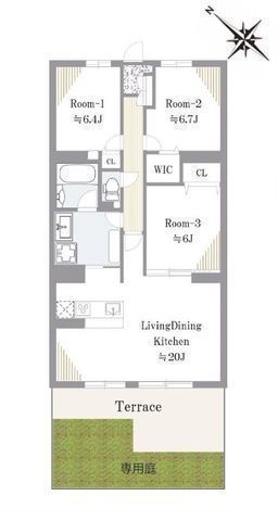 間取図/区画図:【広々テラスと専用庭付き！162戸のビッグコミュニティ】広いLDK20帖には食洗機付き対面キッチン南西向きで陽当り良好1月中旬リフォーム完工予定