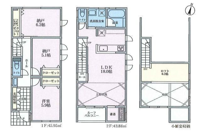 間取図/区画図:【海を身近に!辻堂駅まで徒歩28分!吹抜けで開放感のあるLDK】カースペース2台可2階リビングのため周囲の目を気にせずプライバシーを確保ロフトあり
