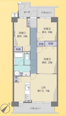 間取図/区画図:【南東向き7階部分で陽当り・眺望良好!総戸数148戸のビッグコミュニティ】ペット飼育可(細則有)二面バルコニー通風良好リフォーム済みで即内覧可!