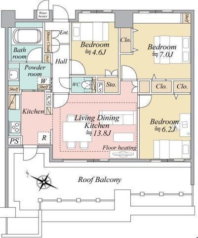 間取図/区画図:【3線利用可能な藤沢駅徒歩10分！最上階南西向きルーフバルコニーで陽当り良好！】全室収納有、屋根裏収納もございます！安心の最長20年保証！